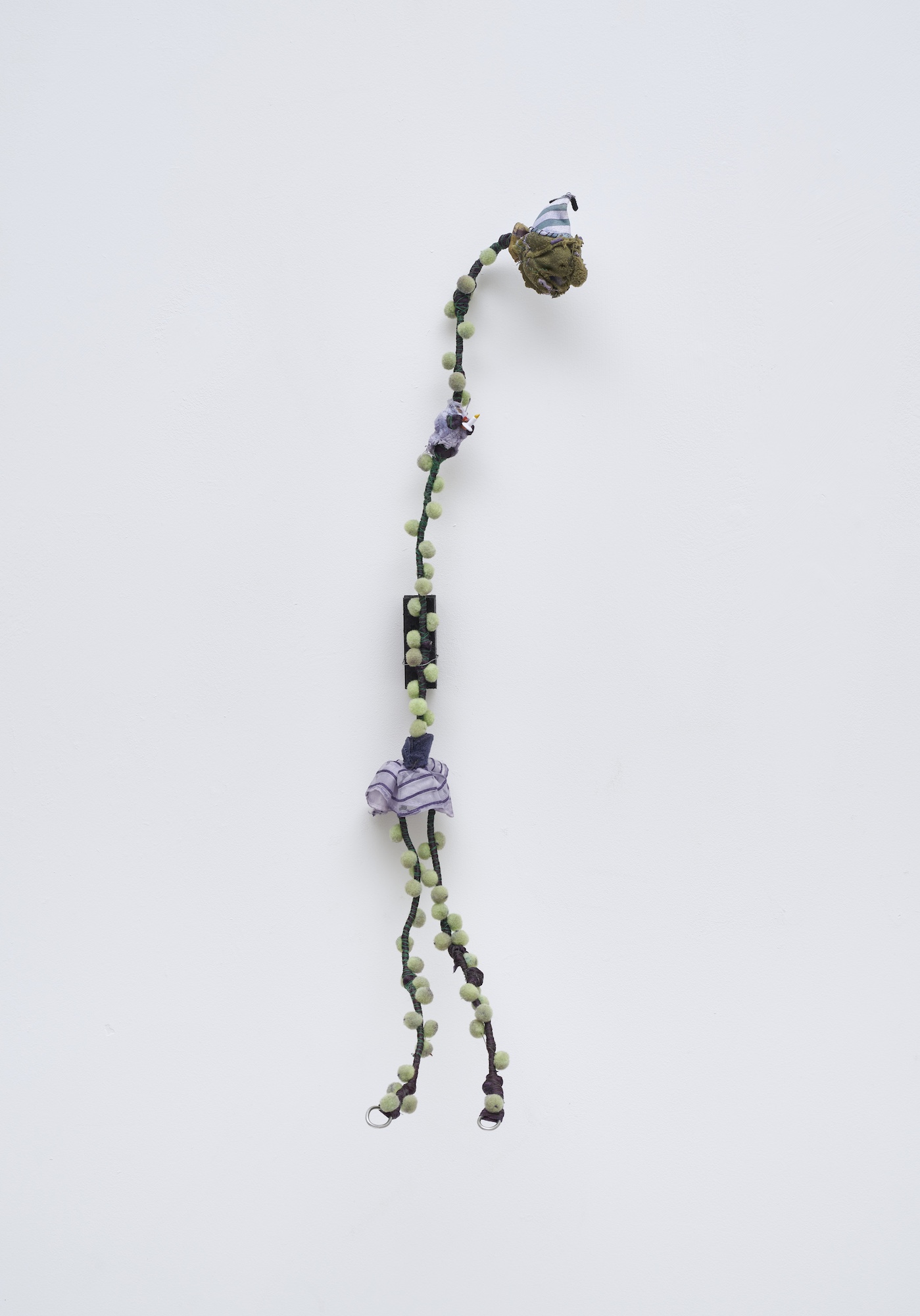 Flower 28, 2026, Wire, cord, thread, pigment, fabric, found objects, dolls, miniatures, 6x54x4cm