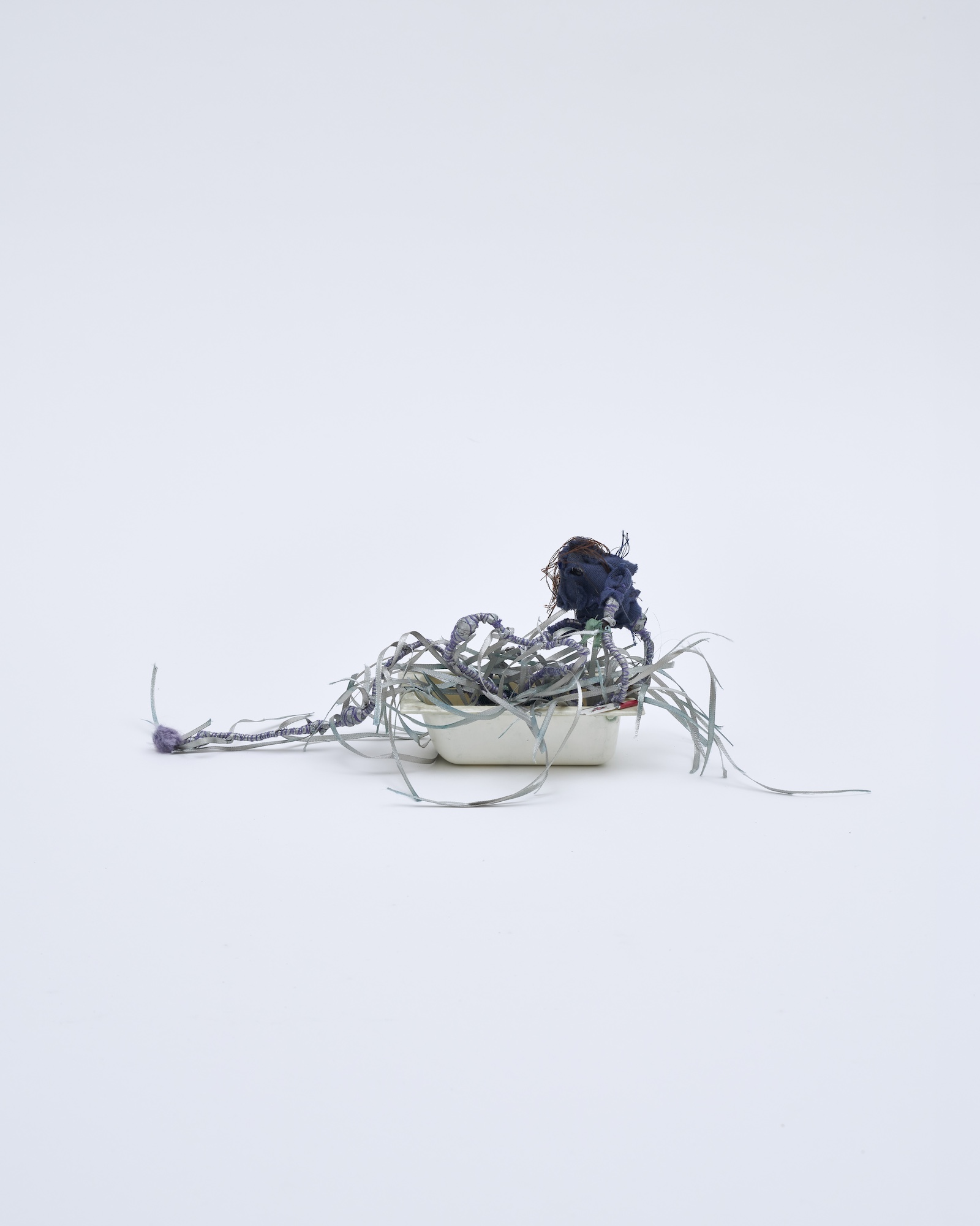 Flower 23, 2026, Wire, cord, thread, pigment, fabric, found objects, dolls, miniatures, 9.5x30x8cm