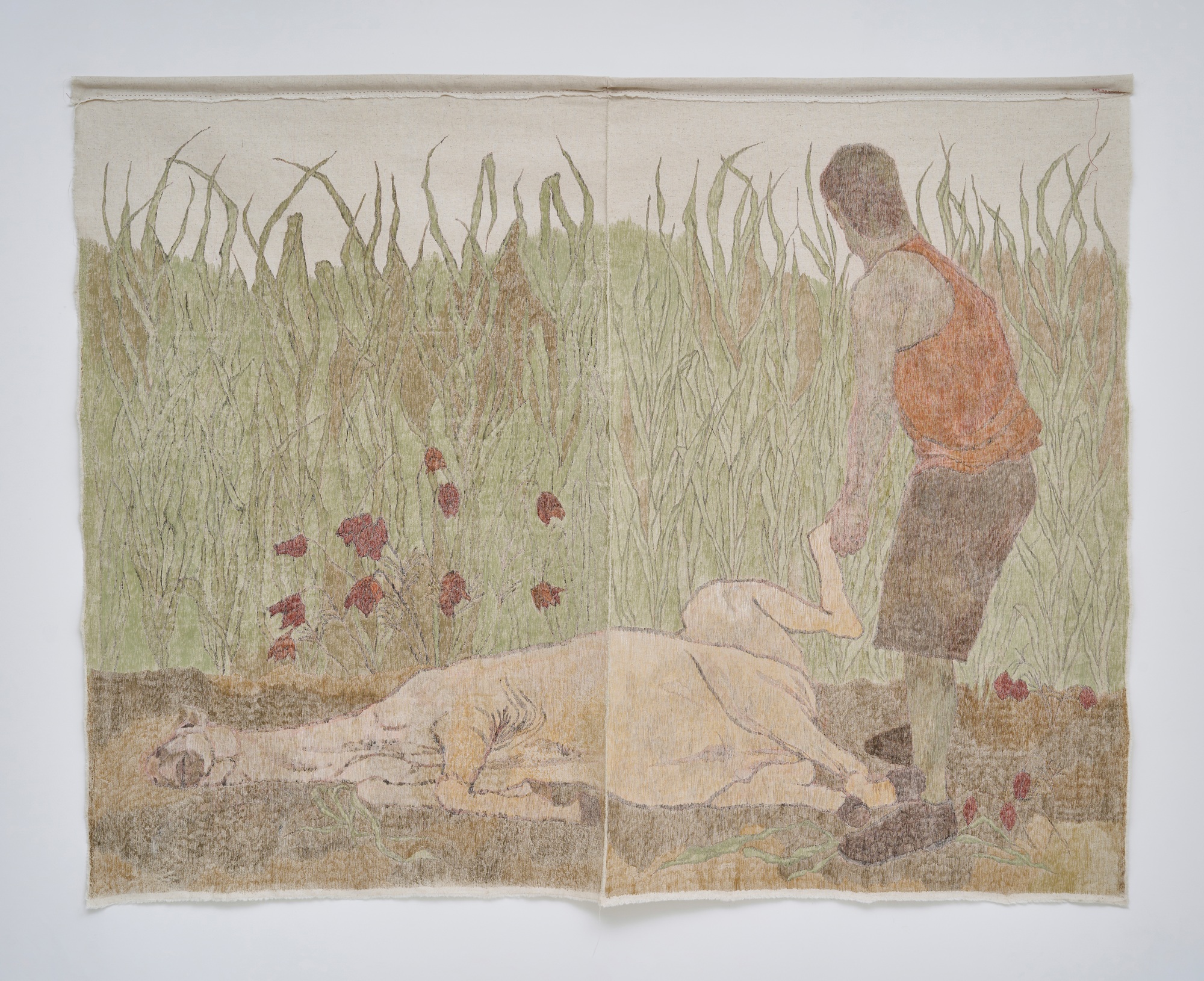 Yuchae Park, <Fallen Horse and the Empty Rescue>, 2025, Powdered pigments on linen, 150x180cm