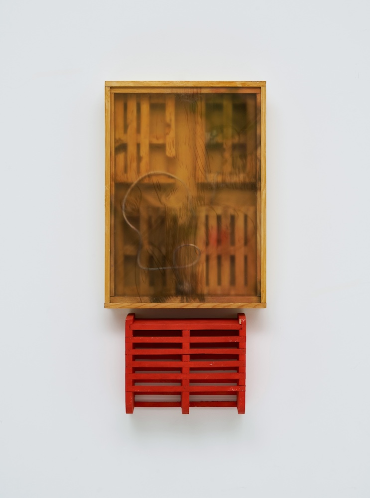 Yongkuk Ko, &lsaquo;Sluggard&rsquo;s pray&rsaquo;, 2023, Wooden strip, wooden plate, acrylic, acrylic glass, found objects, string, coffee, 40 &times; 20 cm